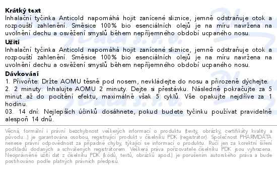 Aomu Inhalační tyčinka pro úlevu od rýmy Anticold - popis