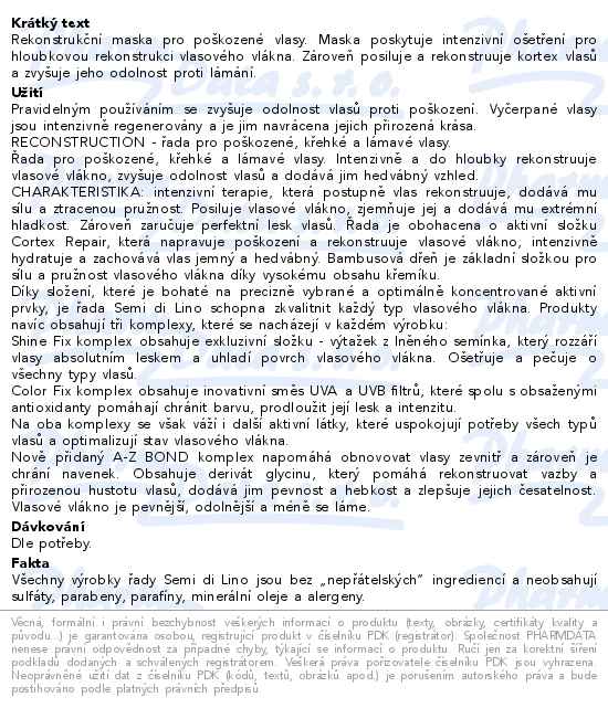 Alfaparf Milano SemiDiLino Reconstruction Vegan Reparative maska 200ml - popis