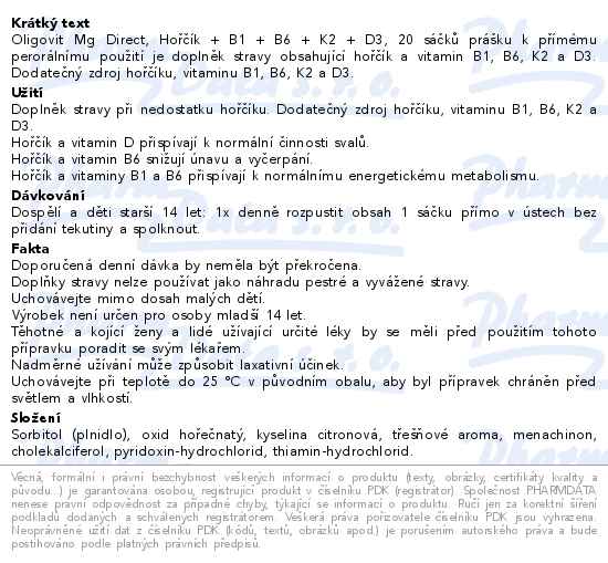 Oligovit Mg Direct Hořčík+B1+B6+K2+D3 50x2.25g Galenika - popis