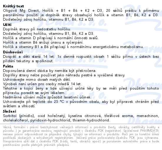 Oligovit Mg Direct Hořčík+B1+B6+K2+D3 20x2.25g Galenika - popis
