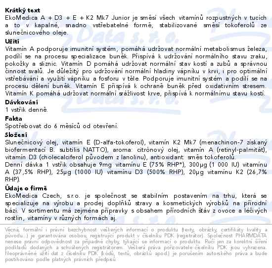 Vitamín A + D3 + E + K2 Mk7 sprej 30ml EkoMedica - popis