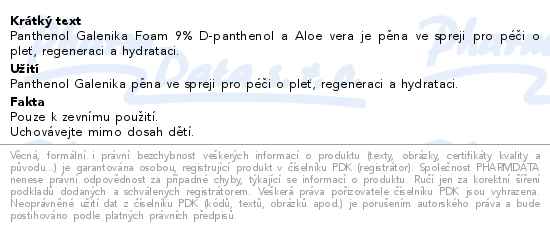 Panthenol Galenika 9% D-panthenol+Aloe Vera Foam 150ml - popis
