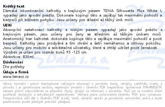 Tena Silhouette Plus White L inkontinenční kalhotky 10ks 780120 - popis