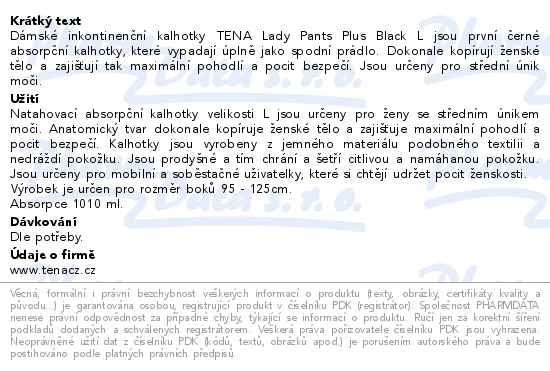 Tena Lady Pants Plus Black Large inkontinenční kalhotky 8ks 785291 - popis