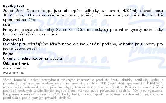Seni Super Quatro inkontinenční plenkové kalhotky s lepítky L 10 ks - popis