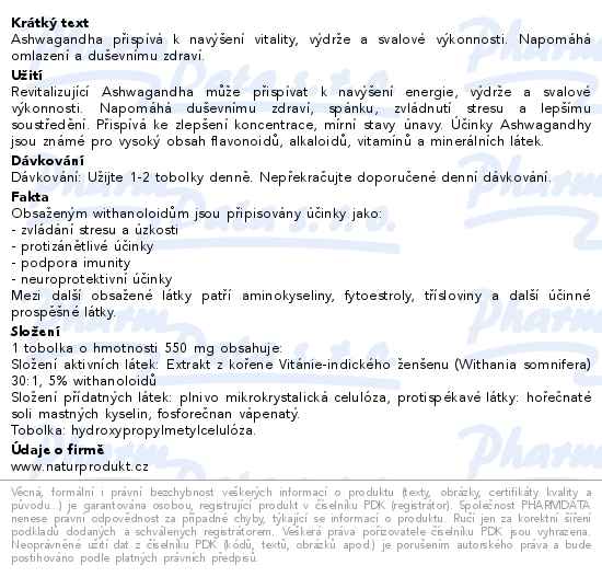 Naturprodukt Ashwagandha organic 500mg 60 tobolek - popis
