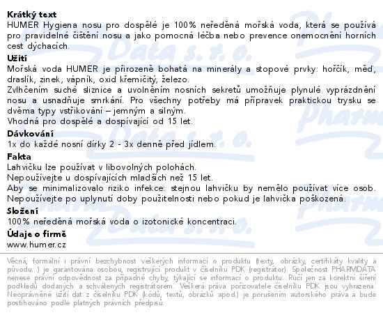 Humer Hygiena nosu 100% mořská voda pro dospělé 150ml - popis
