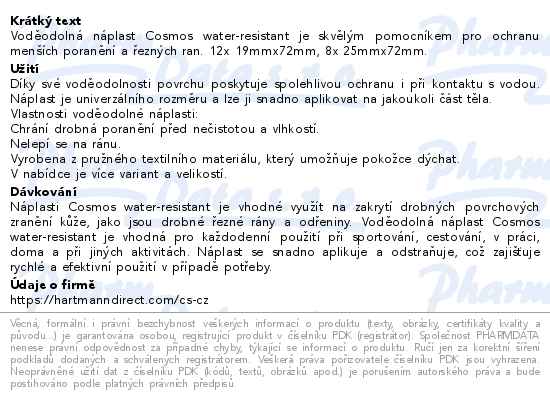 Cosmos water-resistant voděodolná náplast 2 velikosti 20ks - popis