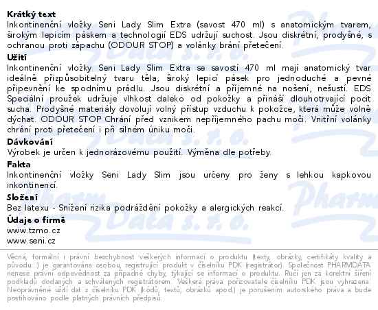 Seni Lady Slim Extra inkontinenční vložky 1+1 zdarma 2x15ks - popis