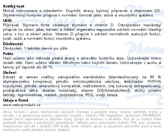 Silymarin Forte 250mg s vitaminem D3 40 tablet - popis