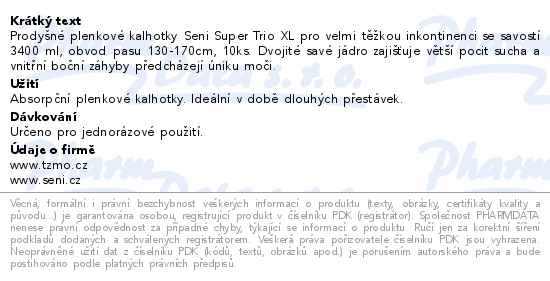 Seni Super Trio inkontinenční plenkové kalhotky s lepítky XL10ks - popis