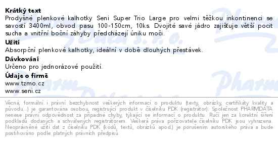 Seni Super Trio inkontinenční plenkové kalhotky s lepítky L10ks - popis