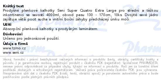 Seni Super Quatro inkontinenční plenkové kalhotky s lepítky XL 10ks - popis