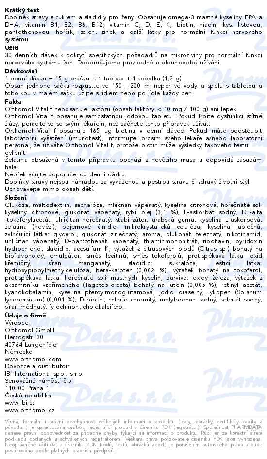 Orthomol Vital f 30 denních dávek - popis
