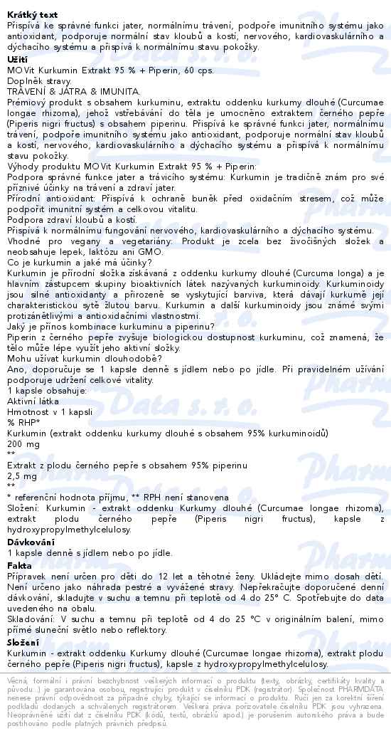 Movit Kurkumin 95% + Piperin Premium 60 kapslí - popis