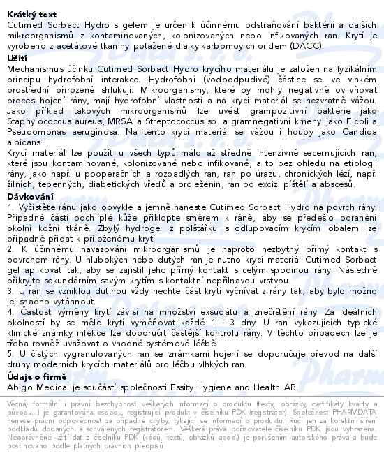 Cutimed Sorbact Hydro antimikrobiální krytí hydrogel 7.5x15cm 10ks - popis