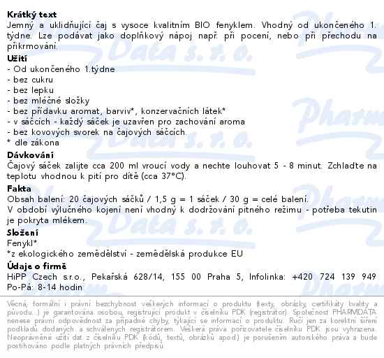 HiPP Fenyklový čaj BIO 20x1.5g - popis