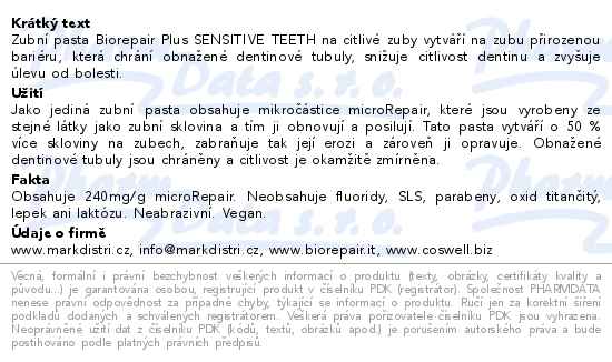 Biorepair Plus Sensitive Teeth zubní pasta 75ml - popis
