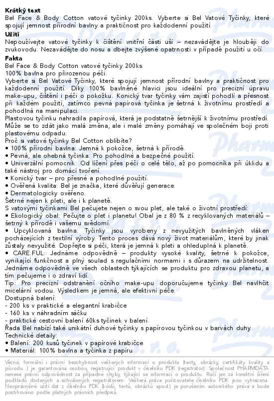 Bel Face&Body Cotton vatové tyčinky krabička 200ks - popis
