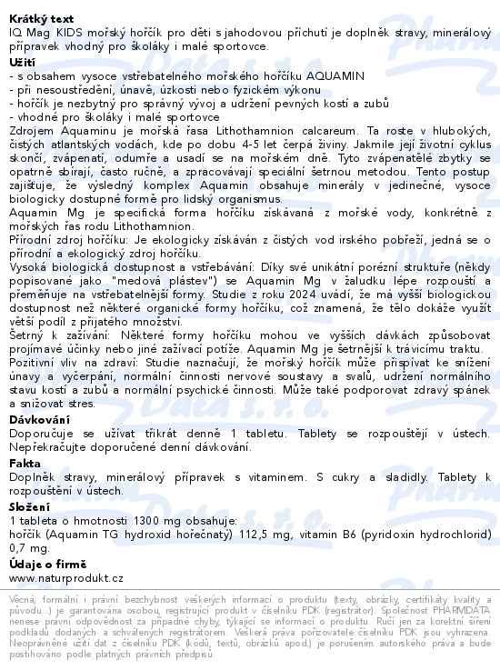 IQ Mag Kids mořský hořčík s jahodovou příchutí 90 tablet - popis