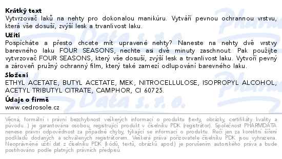 Four Seasons vytvrzovač laků na nehty 12ml - popis