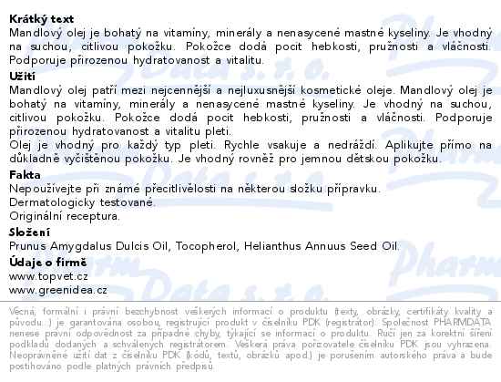 Green idea Mandlový olej 100ml - popis