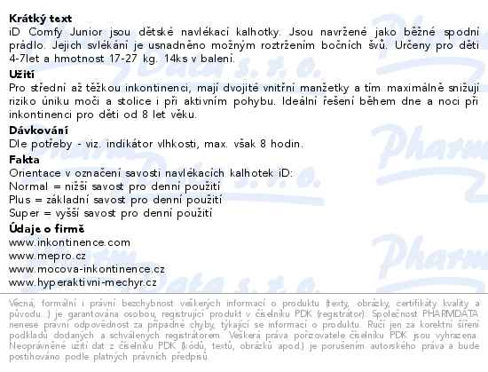 iD Comfy Junior Pants 4-7let 17-27kg 14ks - popis