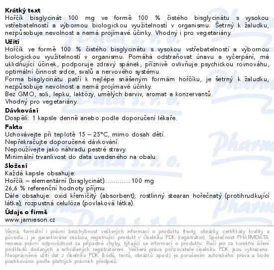 Jamieson Hořčík bisglycinát 100mg 70 kapslí - popis