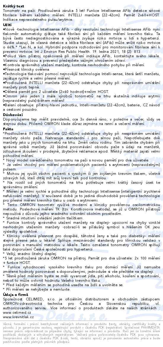 Tonometr digitální OMRON M3 Comfort AFib pažní + síťový zdroj 5 let záruka - popis