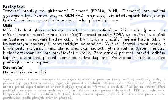 FORA Diamond Testovací proužky ke glukometrům TD-4365 50ks - popis