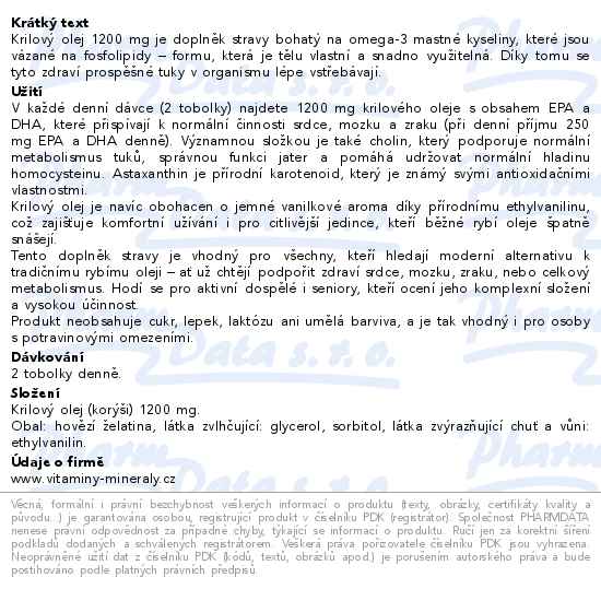 VitaHarmony Krilový olej 1200mg Omega 3 z antarktických vod 60 tobolek - popis