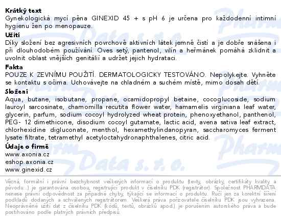 Ginexid gynekologická mycí pěna 45+ 150ml - popis