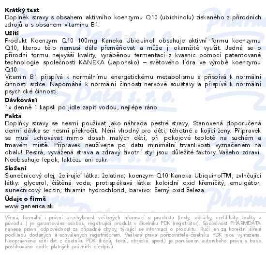 Koenzym Q10 100 mg Kaneka Ubiquinol 30 kapslí Generica - popis