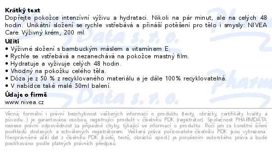 Nivea Care výživný krém 200ml - popis
