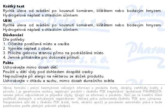 Zklidňující náplast - úleva od svědění po kousnutí hmyzem a klíštětem průměr 9cm 12ks - popis