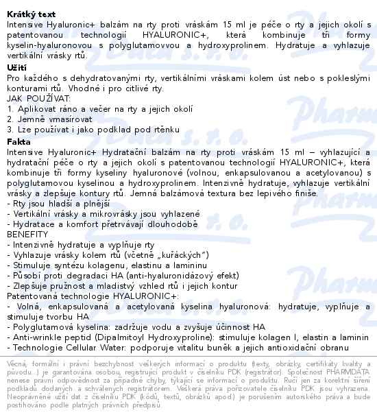 Esthederm Intensive Hyaluronic+ hydratační protivráskový balzám na rty 15ml - popis