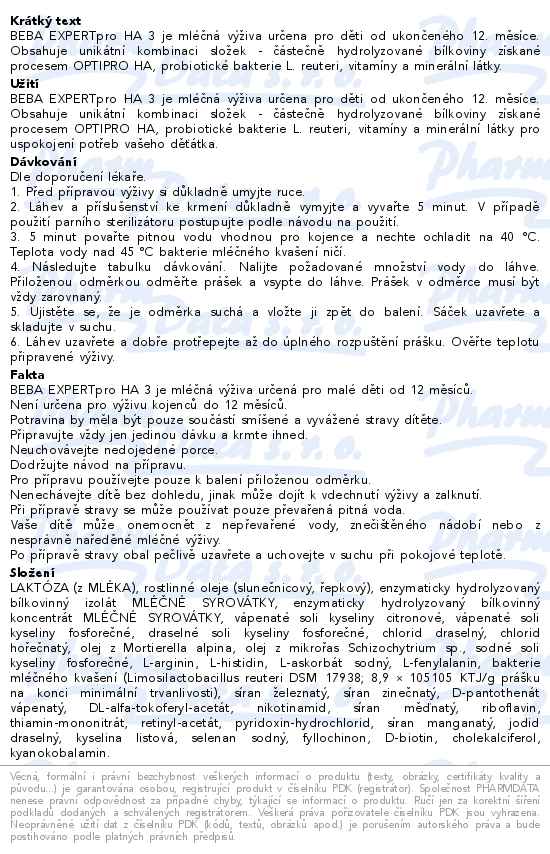 Beba Expertpro HA 3 batolecí mléko 600g - popis