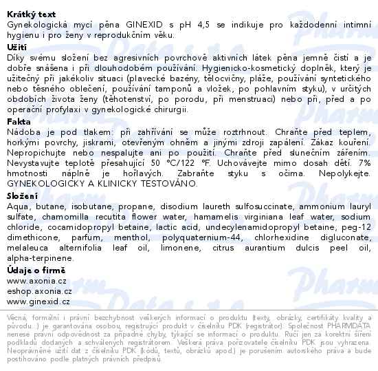 Ginexid gynekologická mycí pěna 150ml - popis