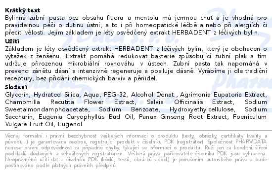 Herbadent Homeo Přírodní bylinná zubní pasta bez fluoru a mentolu 75g - popis