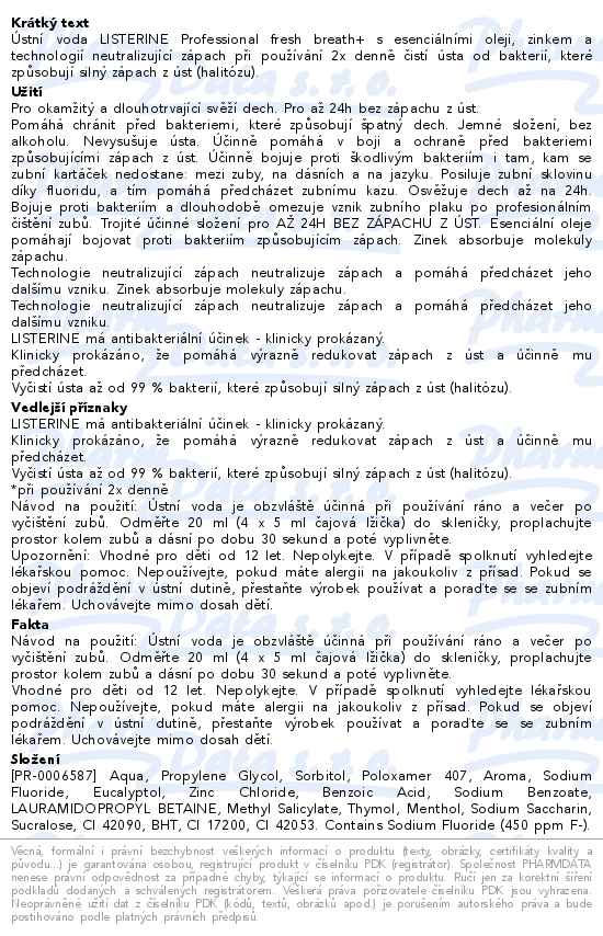 Listerine Professional fresh breath+ ústní voda 500ml - popis