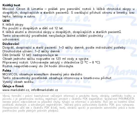 Movicol k léčbě zácpy citron+limetka 20x13.8g - popis
