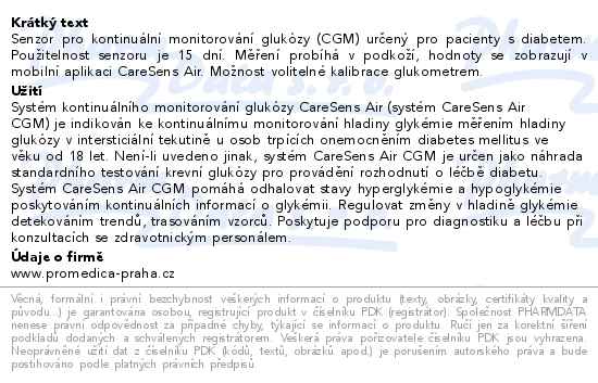 Systém Kontinuálního Monitorování Glukózy Caresens Air 15 denní - popis