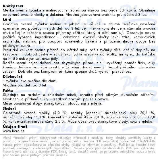 Goodies ovesná tyčinka malina a jablko 23g 1 kus - popis