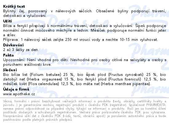 Apotheke Bio Detox s břízou čaj 20x1.5g - popis