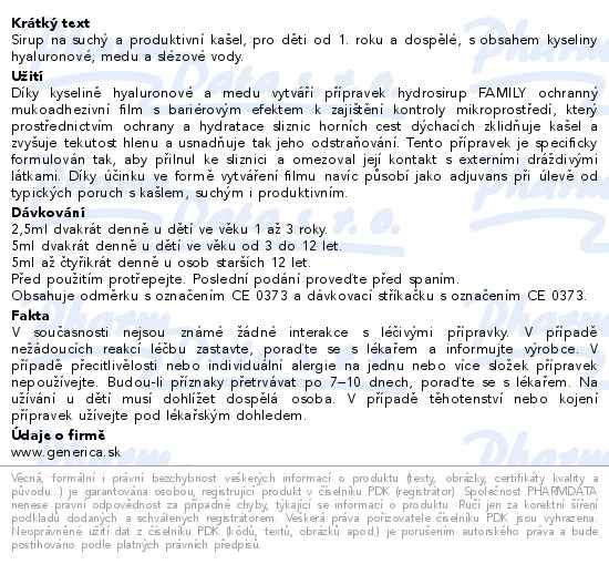 Hydrosirup Family 150ml Generica - popis