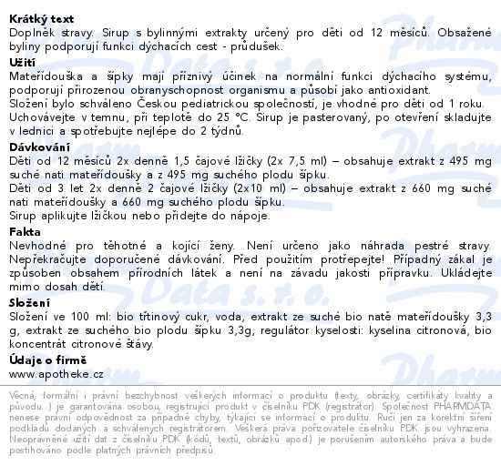 Apotheke Pohádkový dětský Průduškový sirup s mateřídouškou 12m+ BIO 250g - popis