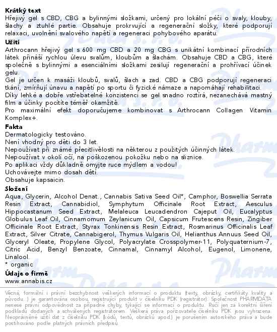 Annabis Arthrocann CBD 600mg+CBG 20mg konopný masážní hřejivý gel 75ml - popis
