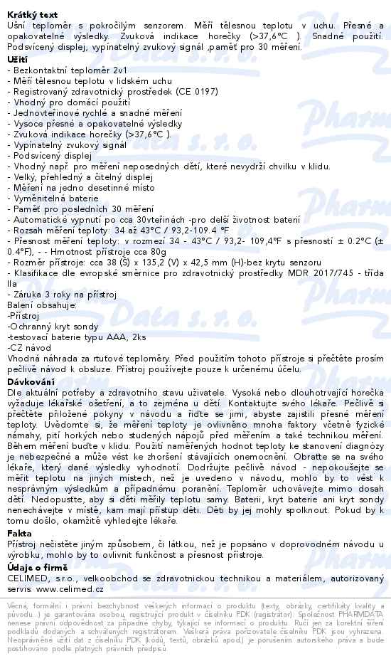 Ušní teploměr OMRON Gentle Temp 533 paměť záruka 3 roky - popis