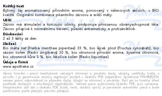 Apotheke BIO Zázvorový s citronem a mátou čaj 20 sáčků - popis