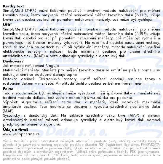 SimplyMed Automatický pažní digitální tlakoměr LT-P70, USB nabíjení - popis